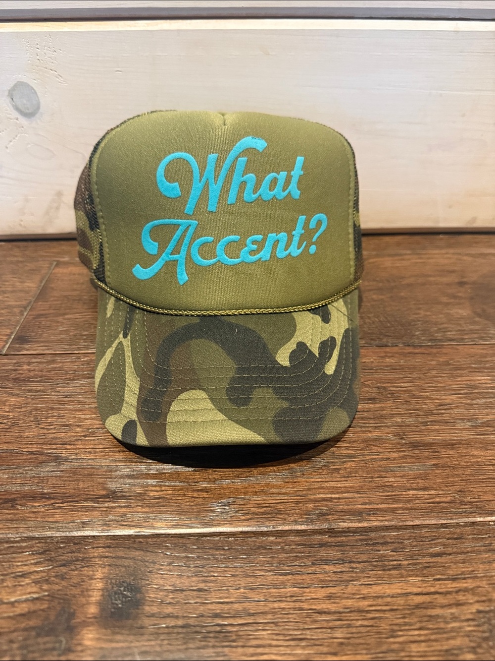 Military Green Camouflage Accent Cap with Teal Script